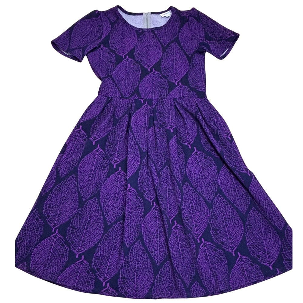 LuLaRoe Amelia Womens Dress Large Navy Blue Purple Leaf Print Pockets Fit Flare